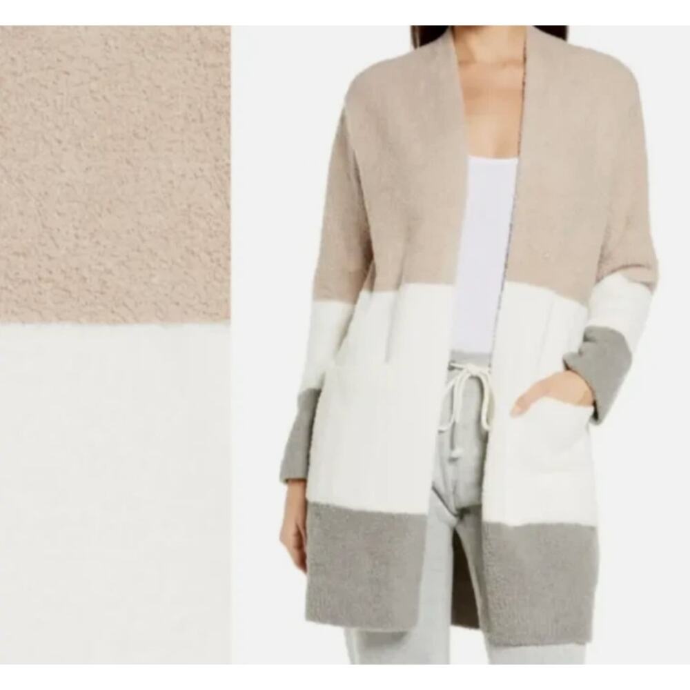 Barefoot Dreams CozyChic Colorblock Cardigan in Tan/White/Gray Stripe Size Med - Picture 4 of 10